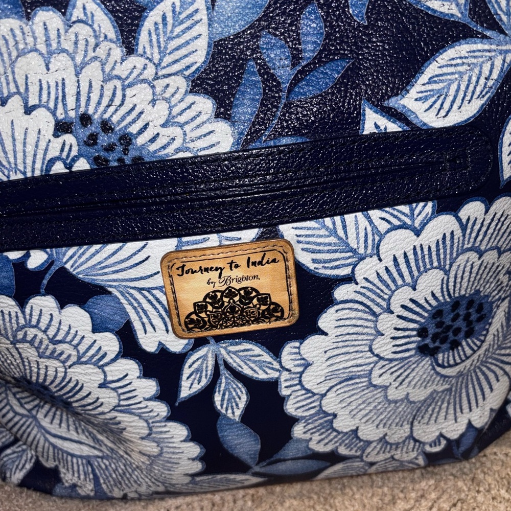 Brighton Journey to India Floral Navy Blue White Leather Boho Shoulder Tote Bag - Picture 2 of 10